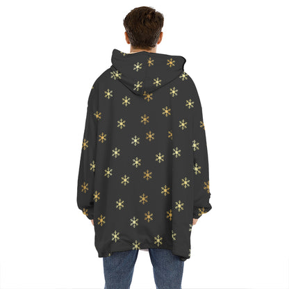 Black And Gold Snowflake Pattern Print Hoodie Blanket