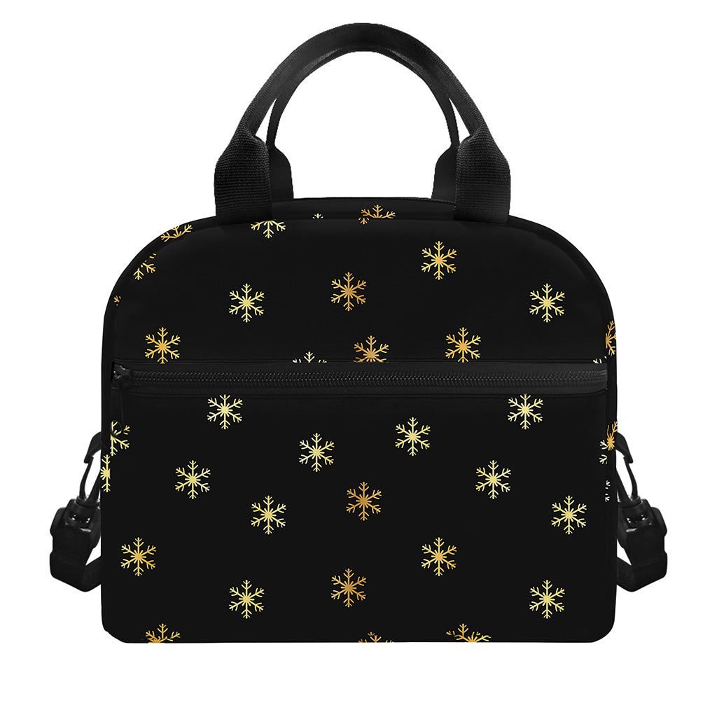 Black And Gold Snowflake Pattern Print Insulated Lunch Bag