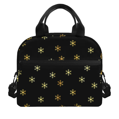 Black And Gold Snowflake Pattern Print Insulated Lunch Bag