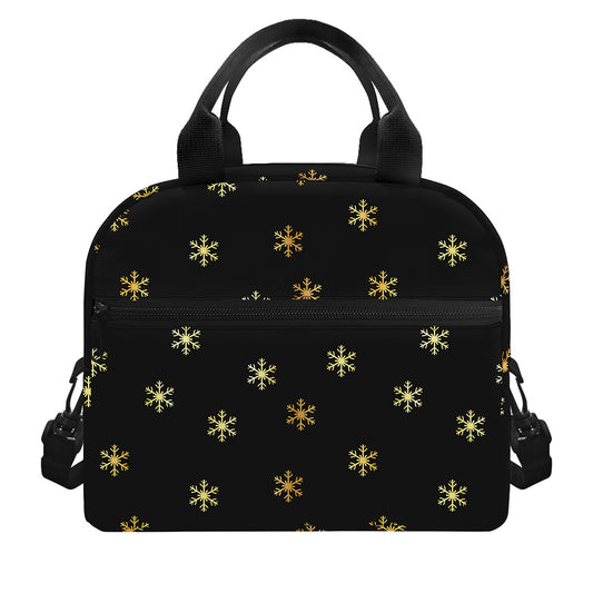Black And Gold Snowflake Pattern Print Insulated Lunch Bag