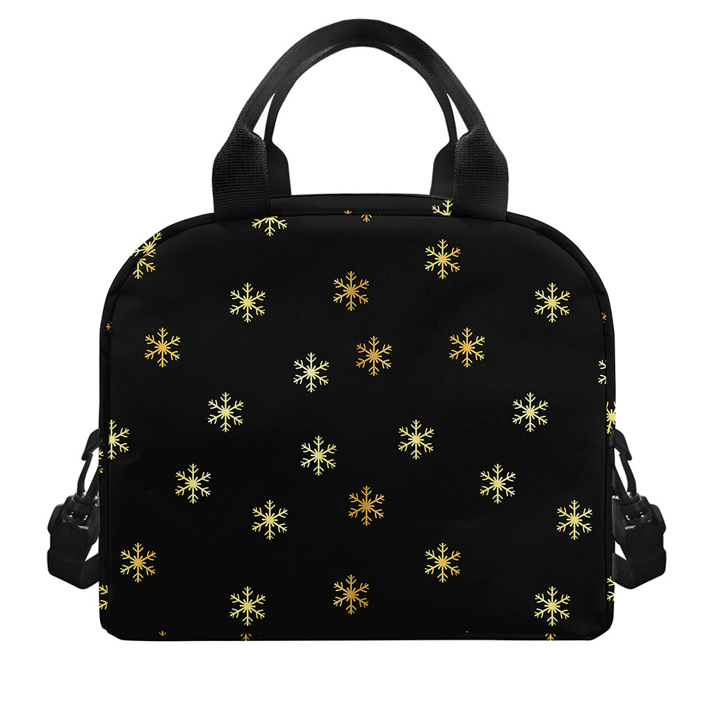 Black And Gold Snowflake Pattern Print Insulated Lunch Bag