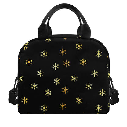 Black And Gold Snowflake Pattern Print Insulated Lunch Bag