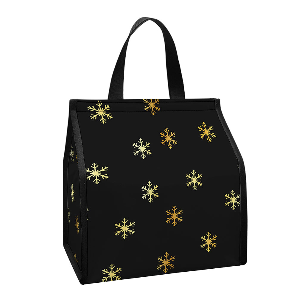 Black And Gold Snowflake Pattern Print Insulated Lunch Tote