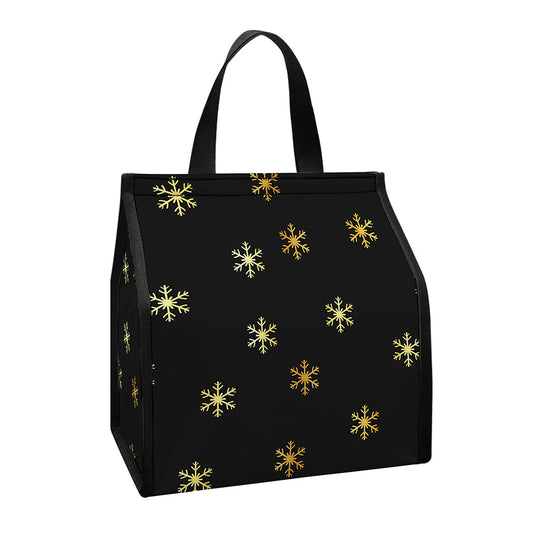 Black And Gold Snowflake Pattern Print Insulated Lunch Tote