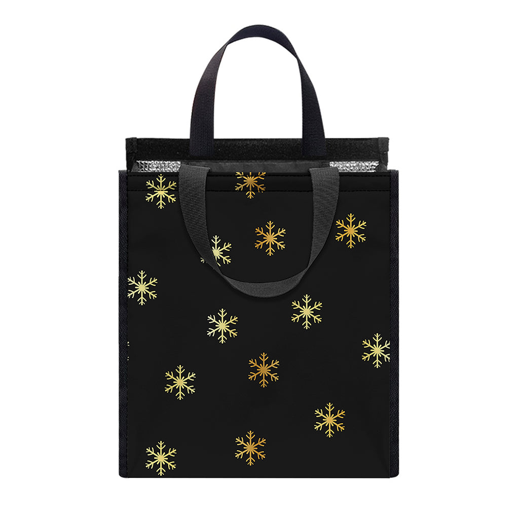 Black And Gold Snowflake Pattern Print Insulated Lunch Tote