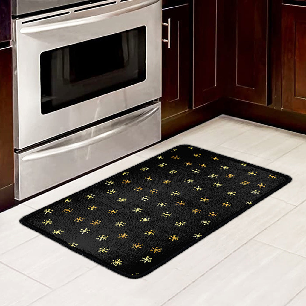 Black And Gold Snowflake Pattern Print Kitchen Mat