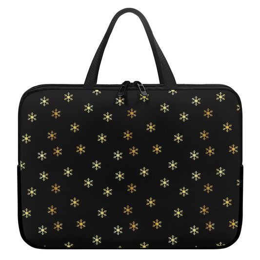 Black And Gold Snowflake Pattern Print Laptop Sleeve With Handle