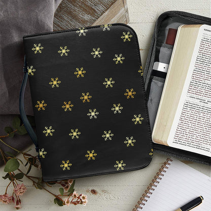 Black And Gold Snowflake Pattern Print Leather Bible Cover