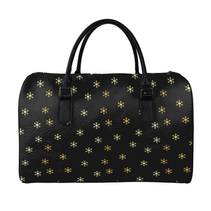 Black And Gold Snowflake Pattern Print Leather Duffle Bag