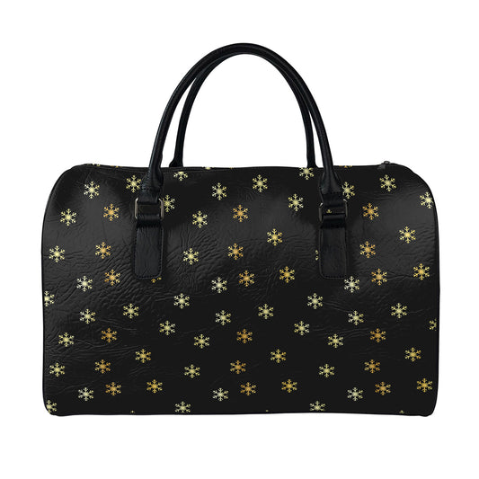 Black And Gold Snowflake Pattern Print Leather Duffle Bag