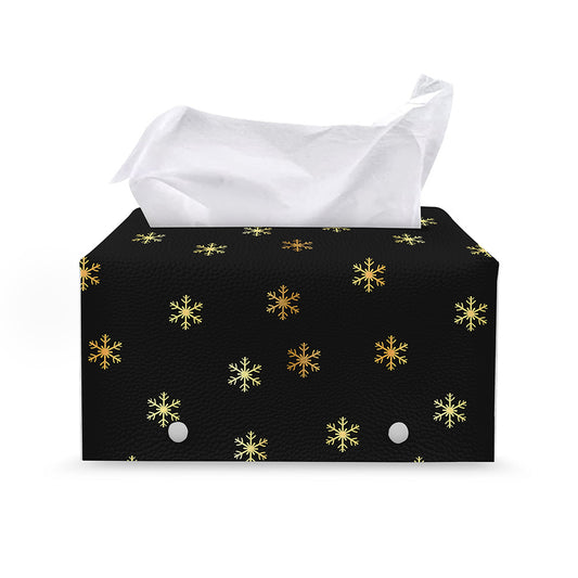 Black And Gold Snowflake Pattern Print Leather Tissue Box Cover