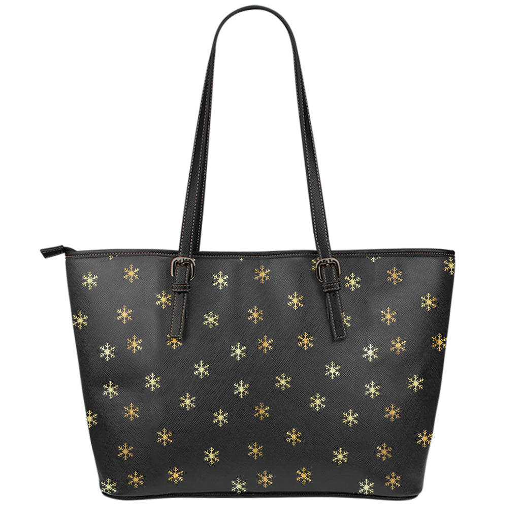 Black And Gold Snowflake Pattern Print Leather Tote Bag