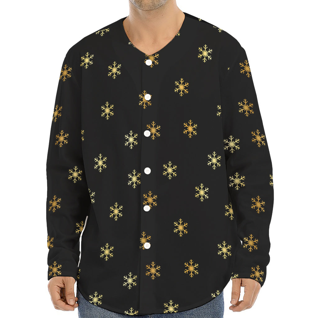 Black And Gold Snowflake Pattern Print Long Sleeve Baseball Jersey
