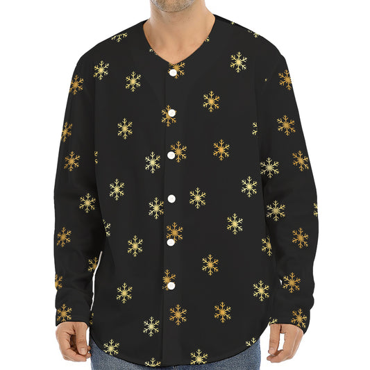 Black And Gold Snowflake Pattern Print Long Sleeve Baseball Jersey