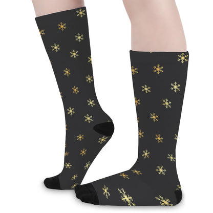 Black And Gold Snowflake Pattern Print Long Socks