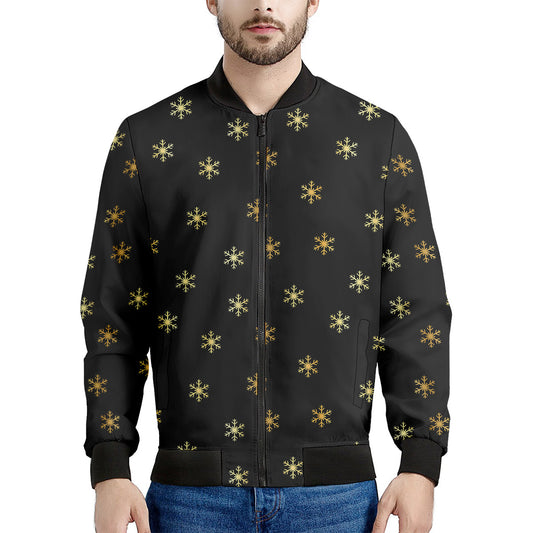 Black And Gold Snowflake Pattern Print Men's Bomber Jacket