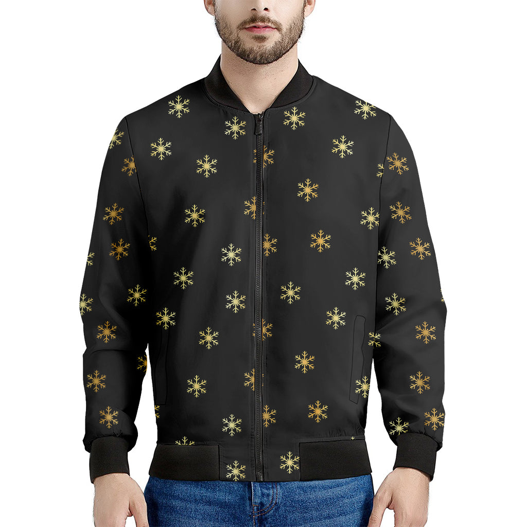 Black And Gold Snowflake Pattern Print Men's Bomber Jacket