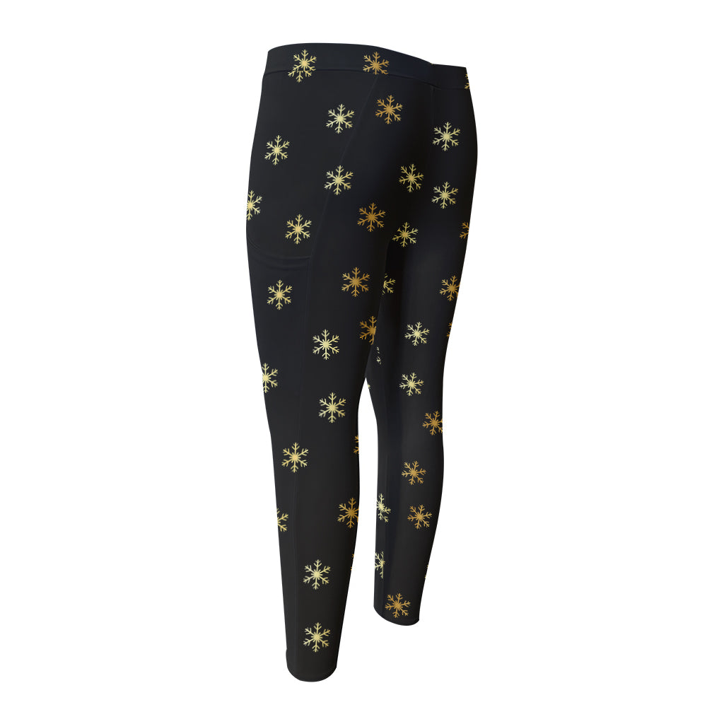 Black And Gold Snowflake Pattern Print Men's Compression Pants