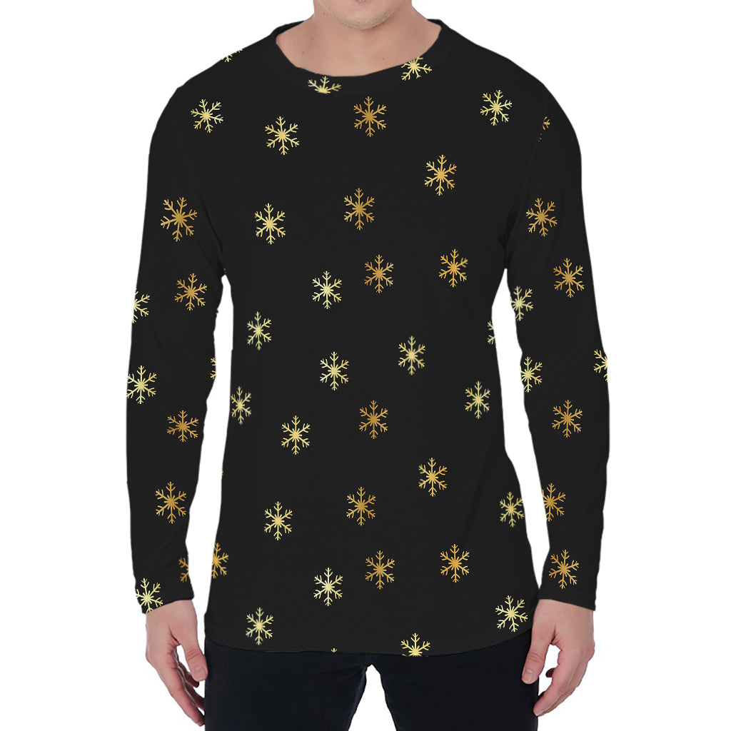 Black And Gold Snowflake Pattern Print Men's Long Sleeve T-Shirt
