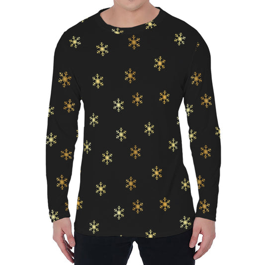 Black And Gold Snowflake Pattern Print Men's Long Sleeve T-Shirt