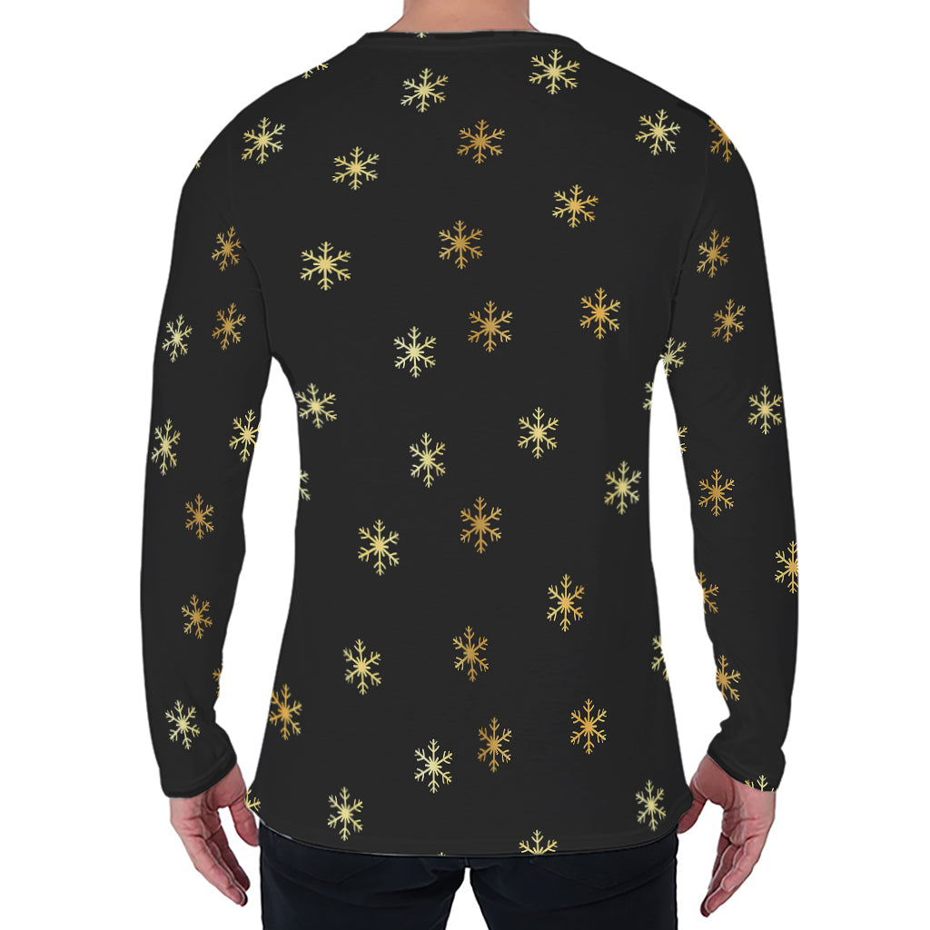 Black And Gold Snowflake Pattern Print Men's Long Sleeve T-Shirt