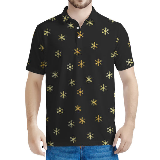 Black And Gold Snowflake Pattern Print Men's Polo Shirt