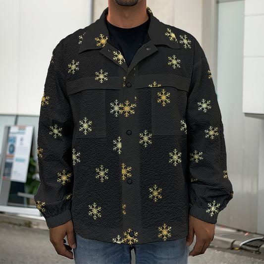 Black And Gold Snowflake Pattern Print Men's Shirt Jacket