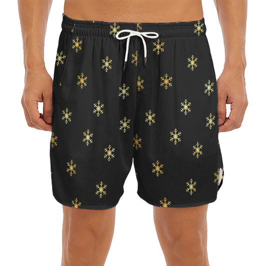 Black And Gold Snowflake Pattern Print Men's Split Running Shorts