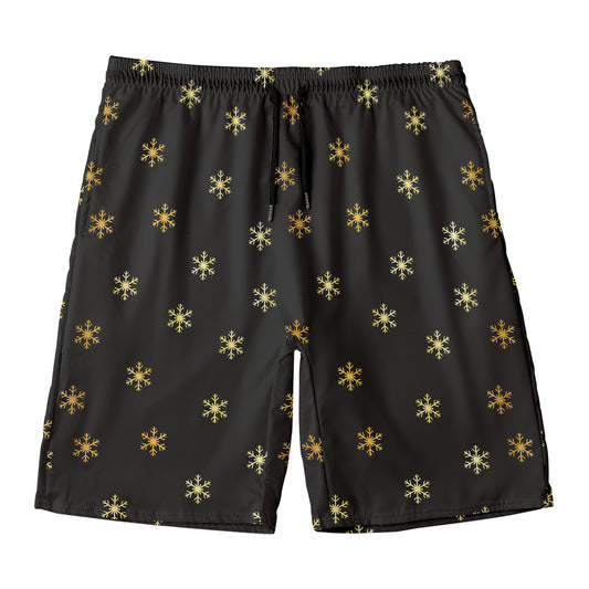 Black And Gold Snowflake Pattern Print Men's Swim Trunks