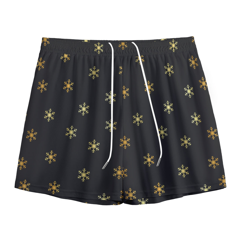 Black And Gold Snowflake Pattern Print Mesh Shorts