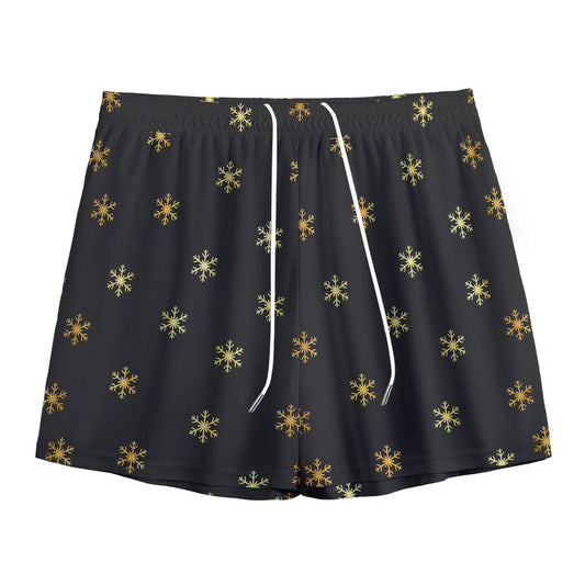 Black And Gold Snowflake Pattern Print Mesh Shorts