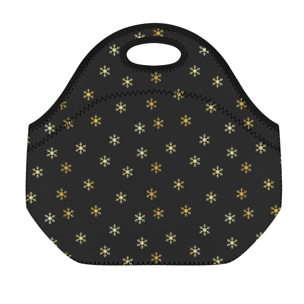Black And Gold Snowflake Pattern Print Neoprene Lunch Bag