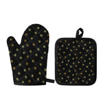 Black And Gold Snowflake Pattern Print Oven Mitt And Pot Holder Set