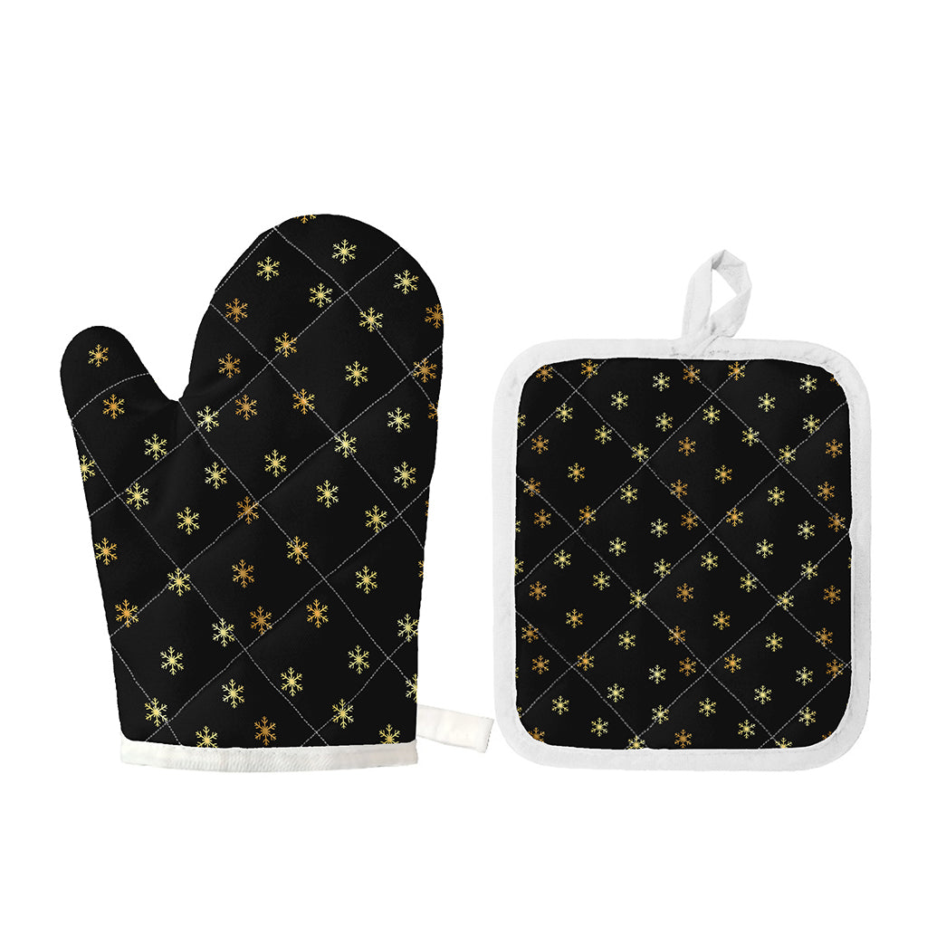 Black And Gold Snowflake Pattern Print Oven Mitt And Pot Holder Set