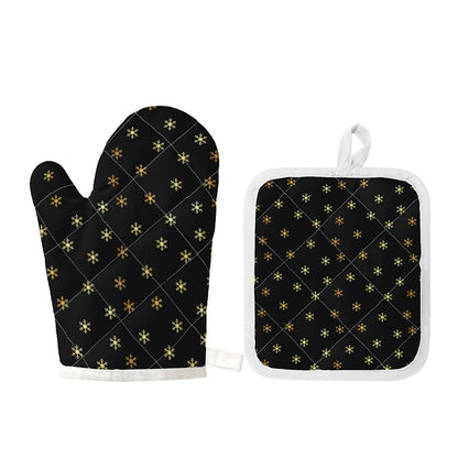 Black And Gold Snowflake Pattern Print Oven Mitt And Pot Holder Set