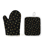 Black And Gold Snowflake Pattern Print Oven Mitt And Pot Holder Set
