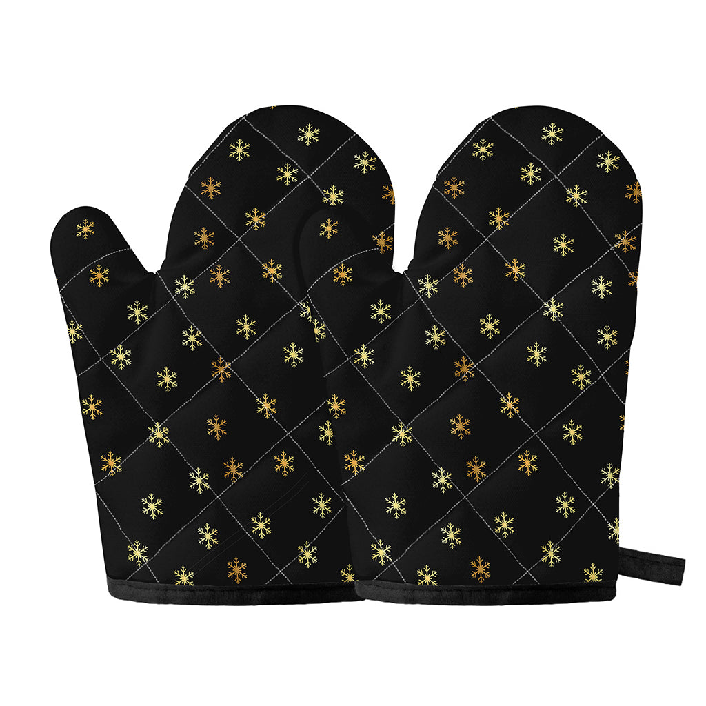 Black And Gold Snowflake Pattern Print Oven Mitts