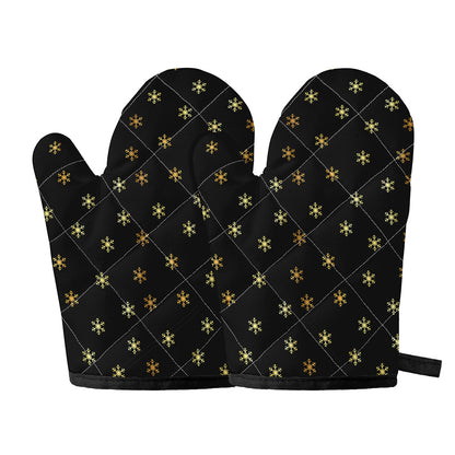 Black And Gold Snowflake Pattern Print Oven Mitts