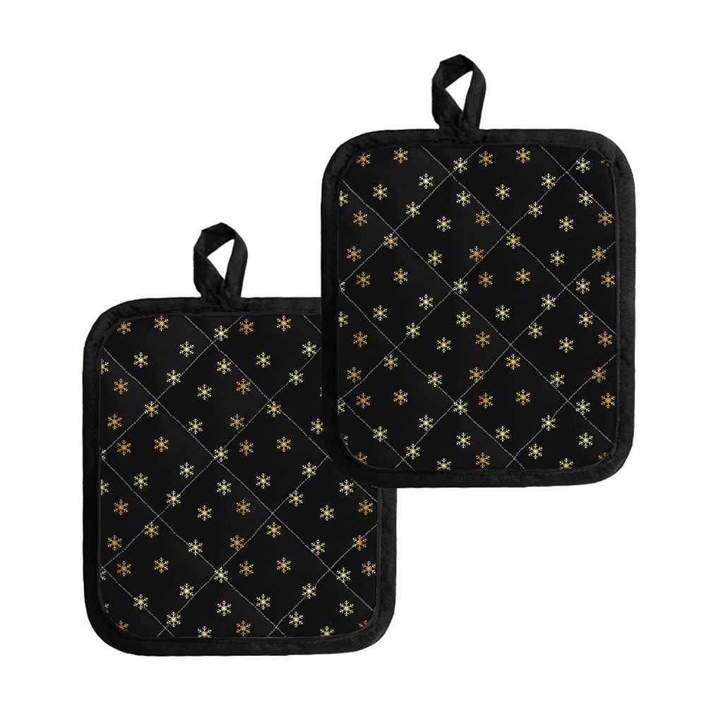 Black And Gold Snowflake Pattern Print Pot Holders