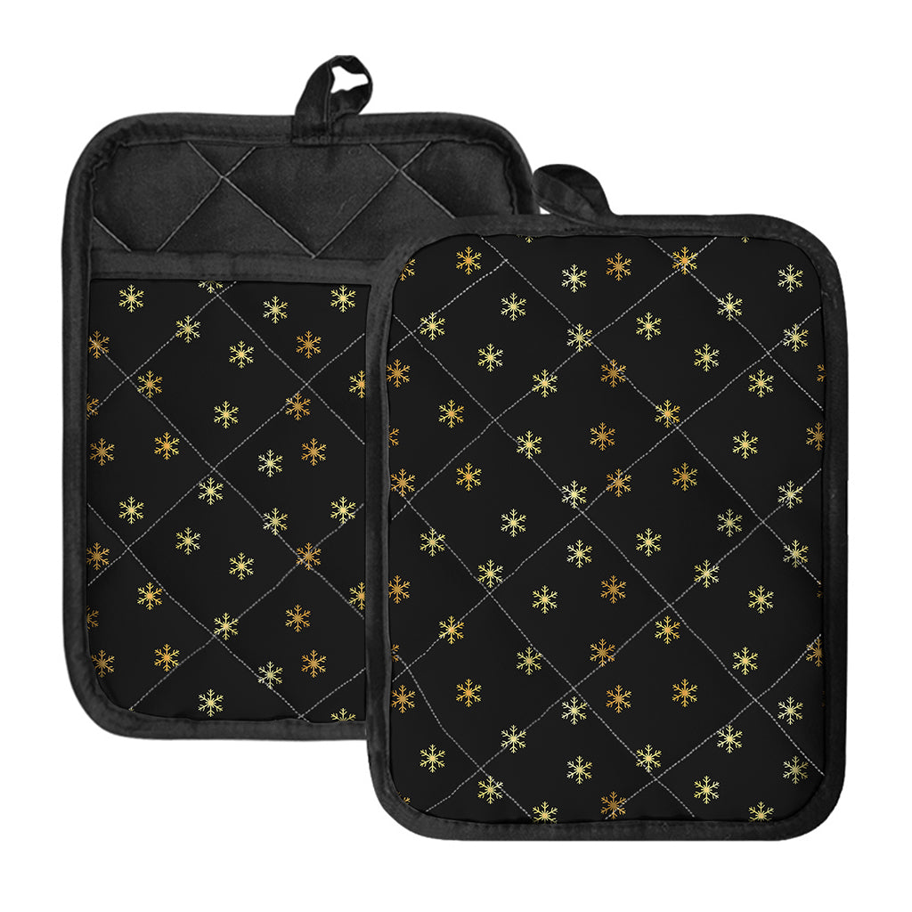 Black And Gold Snowflake Pattern Print Pot Holders With Pocket