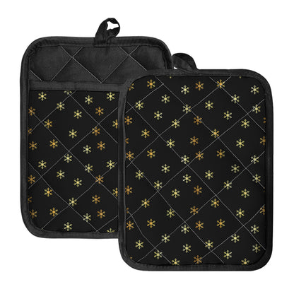Black And Gold Snowflake Pattern Print Pot Holders With Pocket