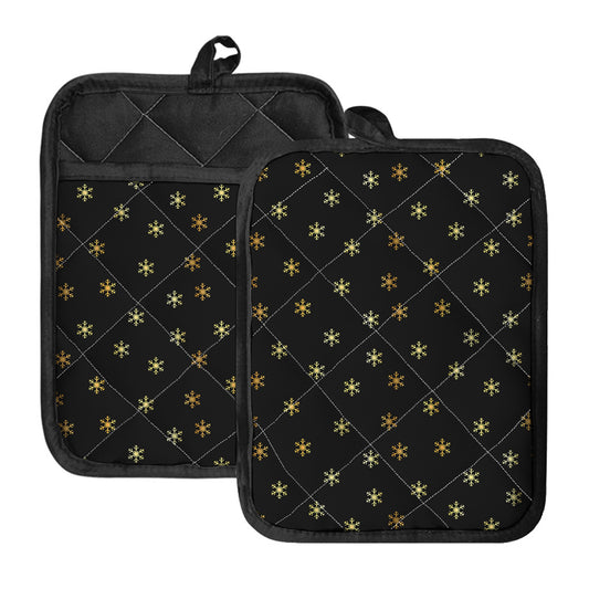 Black And Gold Snowflake Pattern Print Pot Holders With Pocket