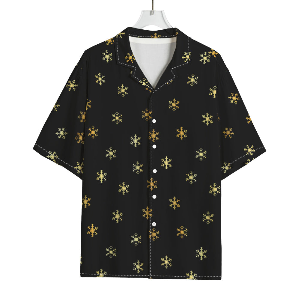 Black And Gold Snowflake Pattern Print Rayon Hawaiian Shirt