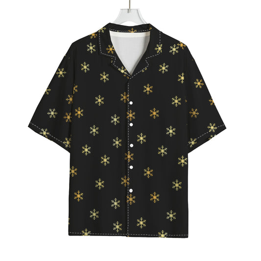 Black And Gold Snowflake Pattern Print Rayon Hawaiian Shirt
