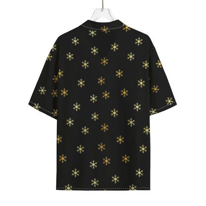 Black And Gold Snowflake Pattern Print Rayon Hawaiian Shirt