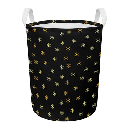Black And Gold Snowflake Pattern Print Round Laundry Basket
