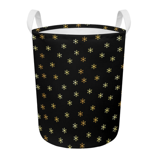 Black And Gold Snowflake Pattern Print Round Laundry Basket