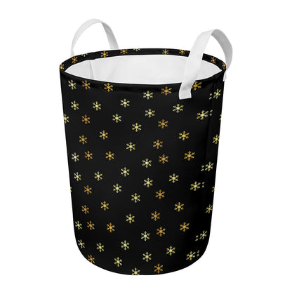 Black And Gold Snowflake Pattern Print Round Laundry Basket