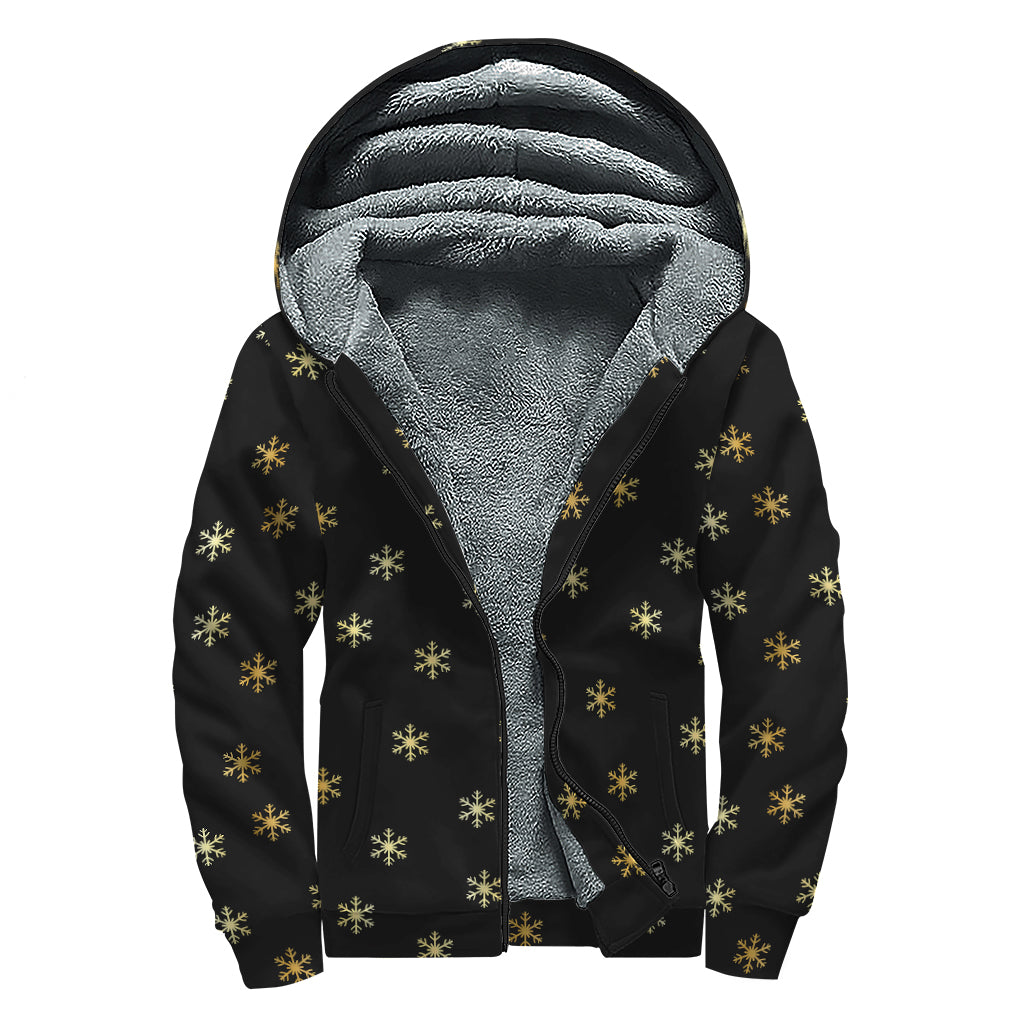 Black And Gold Snowflake Pattern Print Sherpa Lined Zip Up Hoodie