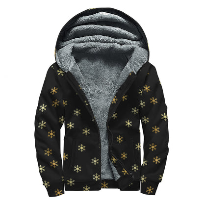 Black And Gold Snowflake Pattern Print Sherpa Lined Zip Up Hoodie